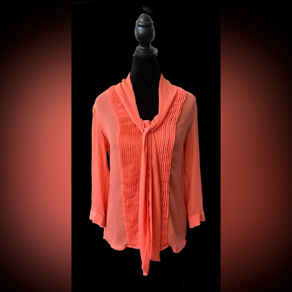 Banana Republic: Orange Peach Pleated Blouse with Neck Tie - Picture 5 of 17